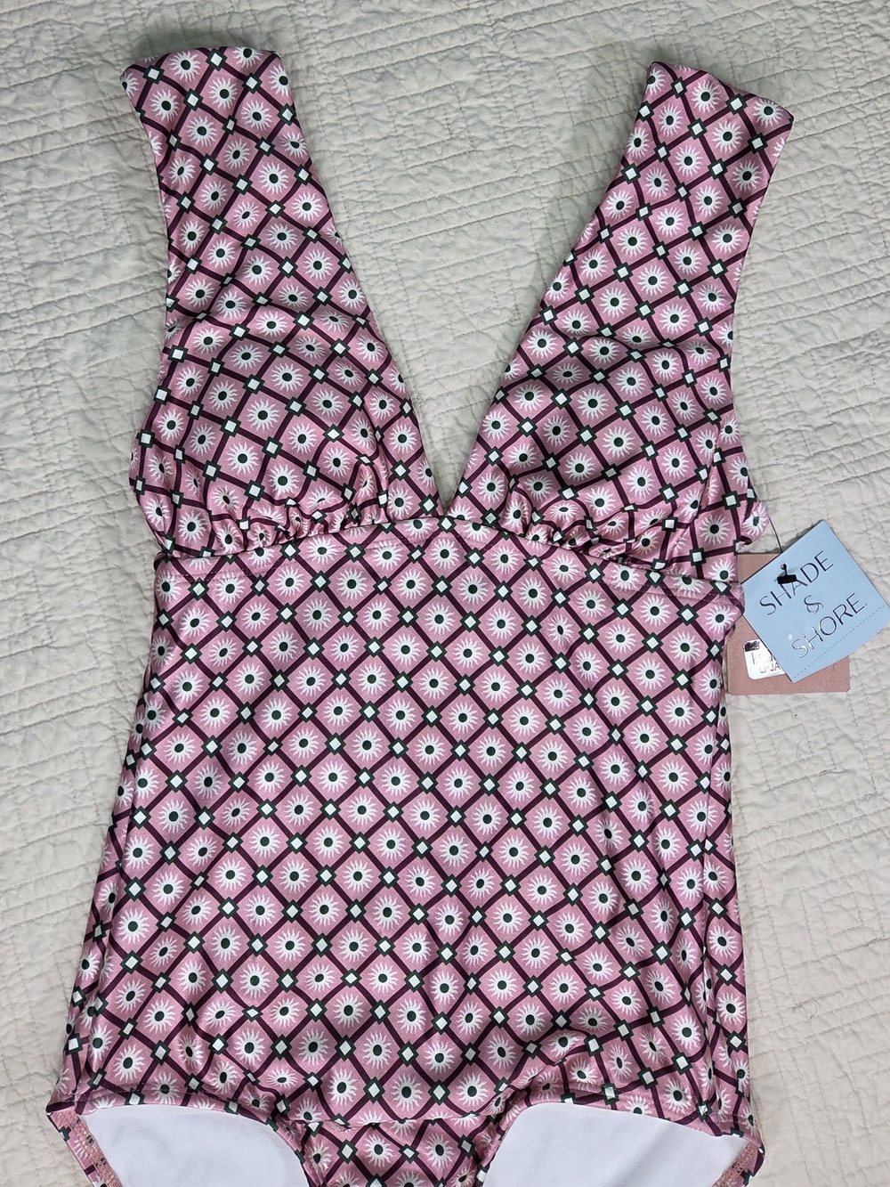 NWT Shade & Shore Pink Geometric Plunge Neck Tummy Control One Piece Swimsuit... - Picture 5 of 9